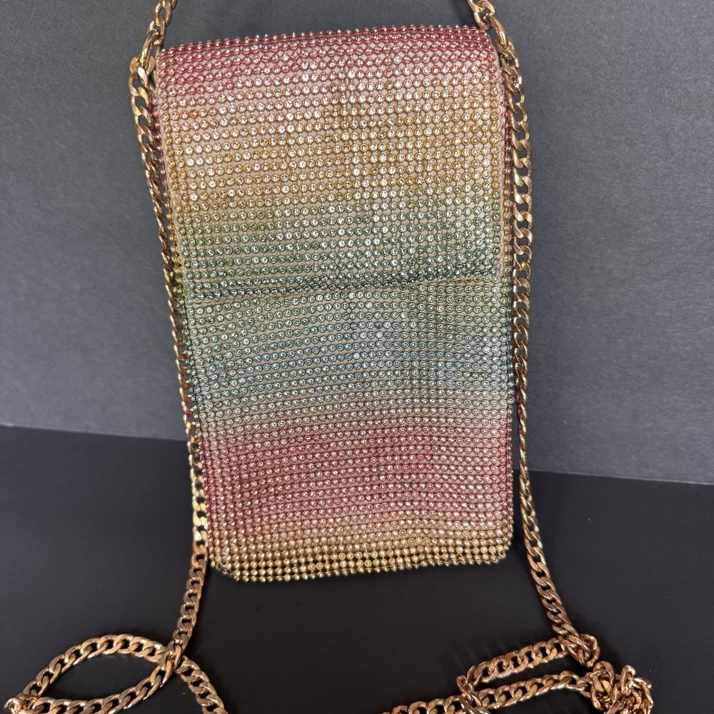 JustFab Rhinestone Crossbody Purse Rainbow Ombre Gold Metal Chains Bling Glam